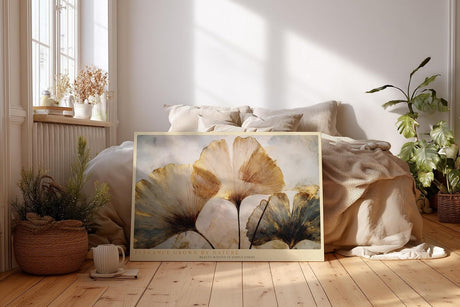 Paul Sinus Wandbild 120x80cm Ginkgo Blaetter modern gold beige botanische Kunst elegantes Naturmotiv grosses Kunstbild stilvolle Wanddekoration fuer Wohnzimmer Büro