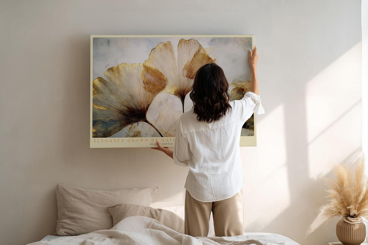 Paul Sinus Wandbild 120x80cm Ginkgo Blaetter modern gold beige botanische Kunst elegantes Naturmotiv grosses Kunstbild stilvolle Wanddekoration fuer Wohnzimmer Büro