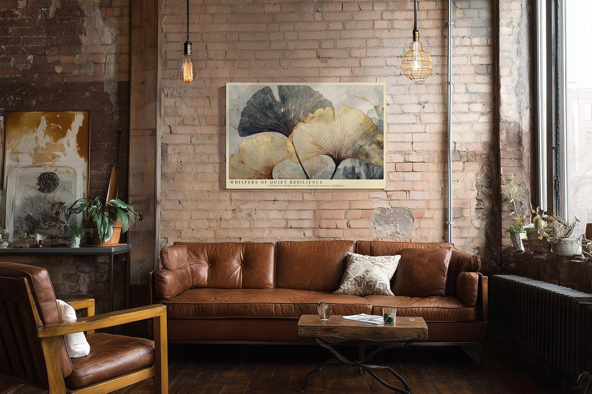 Paul Sinus Wandbild 120x80cm Ginkgo Blaetter modern gold blau botanische Kunst Leinwand Wanddekoration elegante Naturillustration fuer Wohnzimmer Büro