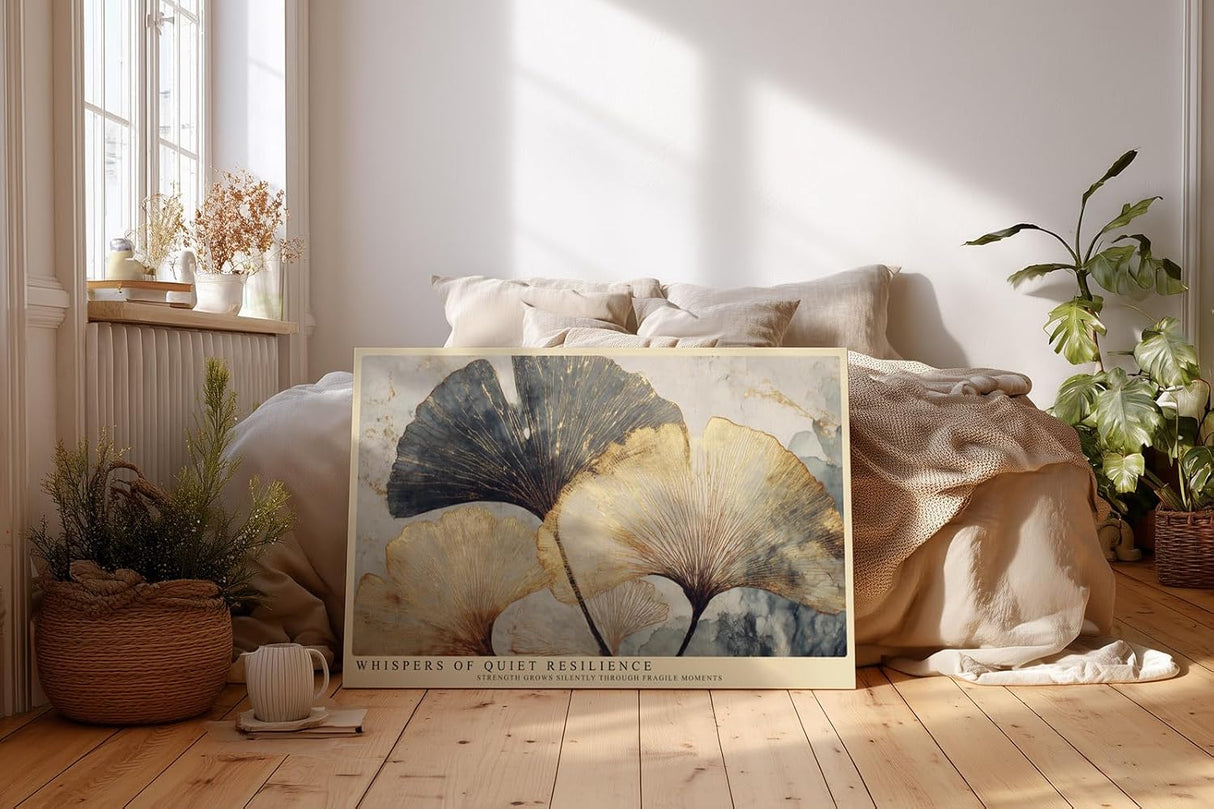 Paul Sinus Wandbild 120x80cm Ginkgo Blaetter modern gold blau botanische Kunst Leinwand Wanddekoration elegante Naturillustration fuer Wohnzimmer Büro