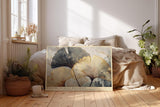 Paul Sinus Wandbild 120x80cm Ginkgo Blaetter modern gold blau botanische Kunst Leinwand Wanddekoration elegante Naturillustration fuer Wohnzimmer Büro