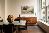 Paul Sinus Wandbild 120x80cm Ginkgo Blaetter modern gold blau botanische Kunst Leinwand Wanddekoration elegante Naturillustration fuer Wohnzimmer Büro
