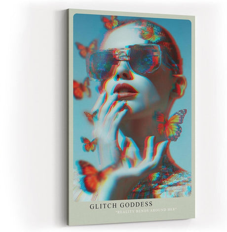 Paul Sinus Wandbild in 40x60cm Glitch Goddess – Futuristisches Porträt einer Frau mit digitalem Glitch-Effekt und Schmetterlingen