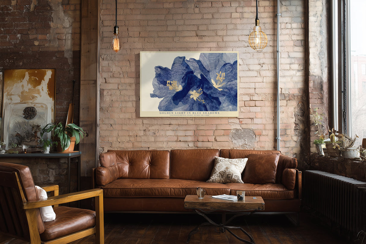 Paul Sinus Wandbild Golden Light in Blue Shadows florales Motiv mit blauen Blüten und goldenen Akzenten