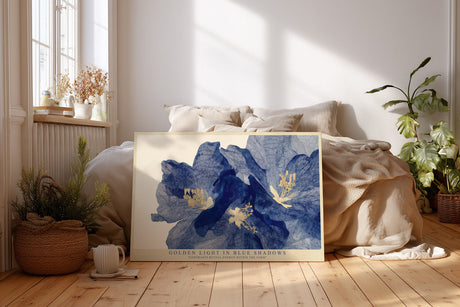 Paul Sinus Wandbild Golden Light in Blue Shadows florales Motiv mit blauen Blüten und goldenen Akzenten