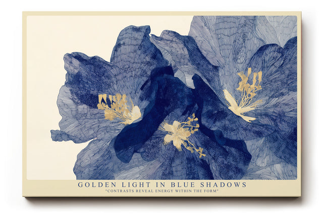 Paul Sinus Wandbild Golden Light in Blue Shadows florales Motiv mit blauen Blüten und goldenen Akzenten