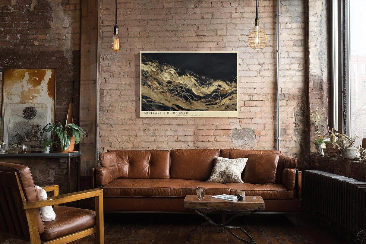 Paul Sinus Wandbild 120x80cm Goldene abstrakte Meeresbewegung – Moderne Kunst mit fließenden Goldlinien auf dunklem Hintergrund