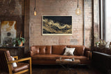Paul Sinus Wandbild 120x80cm Goldene abstrakte Meeresbewegung – Moderne Kunst mit fließenden Goldlinien auf dunklem Hintergrund
