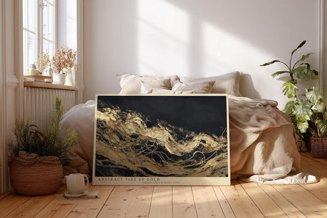 Paul Sinus Wandbild 120x80cm Goldene abstrakte Meeresbewegung – Moderne Kunst mit fließenden Goldlinien auf dunklem Hintergrund