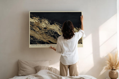 Paul Sinus Wandbild 120x80cm Goldene abstrakte Meeresbewegung – Moderne Kunst mit fließenden Goldlinien auf dunklem Hintergrund