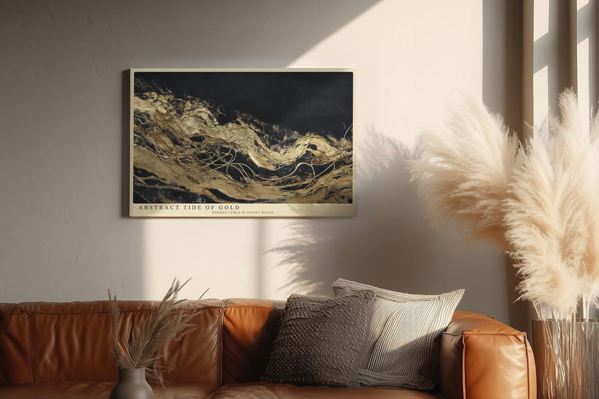 Paul Sinus Wandbild 120x80cm Goldene abstrakte Meeresbewegung – Moderne Kunst mit fließenden Goldlinien auf dunklem Hintergrund