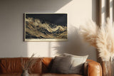 Paul Sinus Wandbild 120x80cm Goldene abstrakte Meeresbewegung – Moderne Kunst mit fließenden Goldlinien auf dunklem Hintergrund