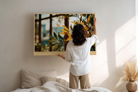 Paul Sinus Wandbild 120x80cm goldene Blaetter am Fenster warmes Sonnenlicht botanische Fotokunst natur Motiv moderne Wanddekoration fuer Wohnzimmer Büro
