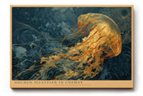 Paul Sinus Wandbild 120x80cm Goldene Qualle im Kosmos Abstrakte Meereskunst in Blau Gold Moderne Wanddekoration