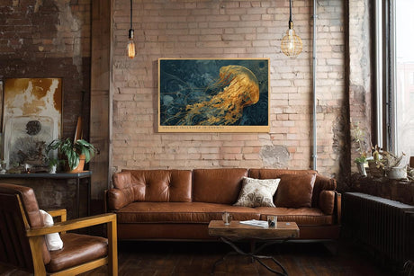 Paul Sinus Wandbild 120x80cm Goldene Qualle im Kosmos Abstrakte Meereskunst in Blau Gold Moderne Wanddekoration