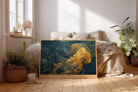 Paul Sinus Wandbild 120x80cm Goldene Qualle im Kosmos Abstrakte Meereskunst in Blau Gold Moderne Wanddekoration