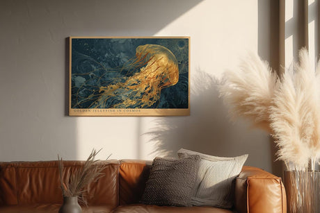 Paul Sinus Wandbild 120x80cm Goldene Qualle im Kosmos Abstrakte Meereskunst in Blau Gold Moderne Wanddekoration