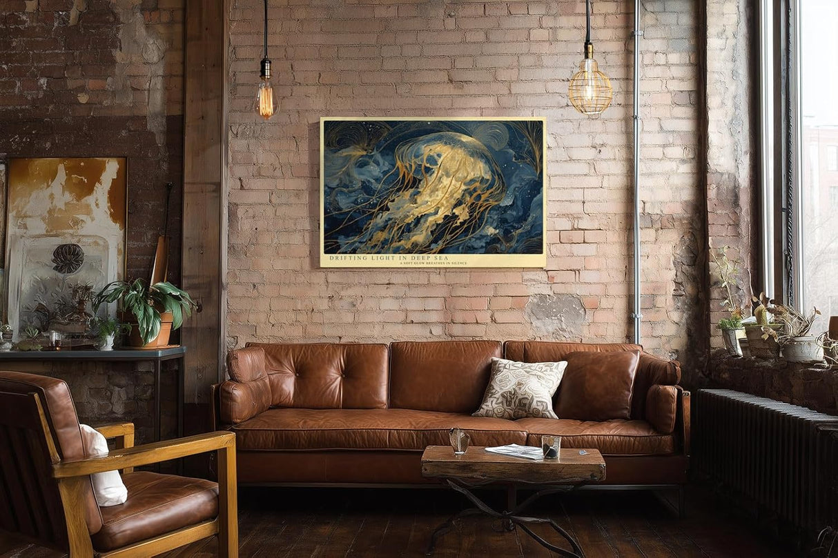 Paul Sinus Wandbild 120x80cm Goldene Qualle im Ozean Moderne Meereskunst in Blau und Gold für Wohnzimmer Schlafzimmer Büro