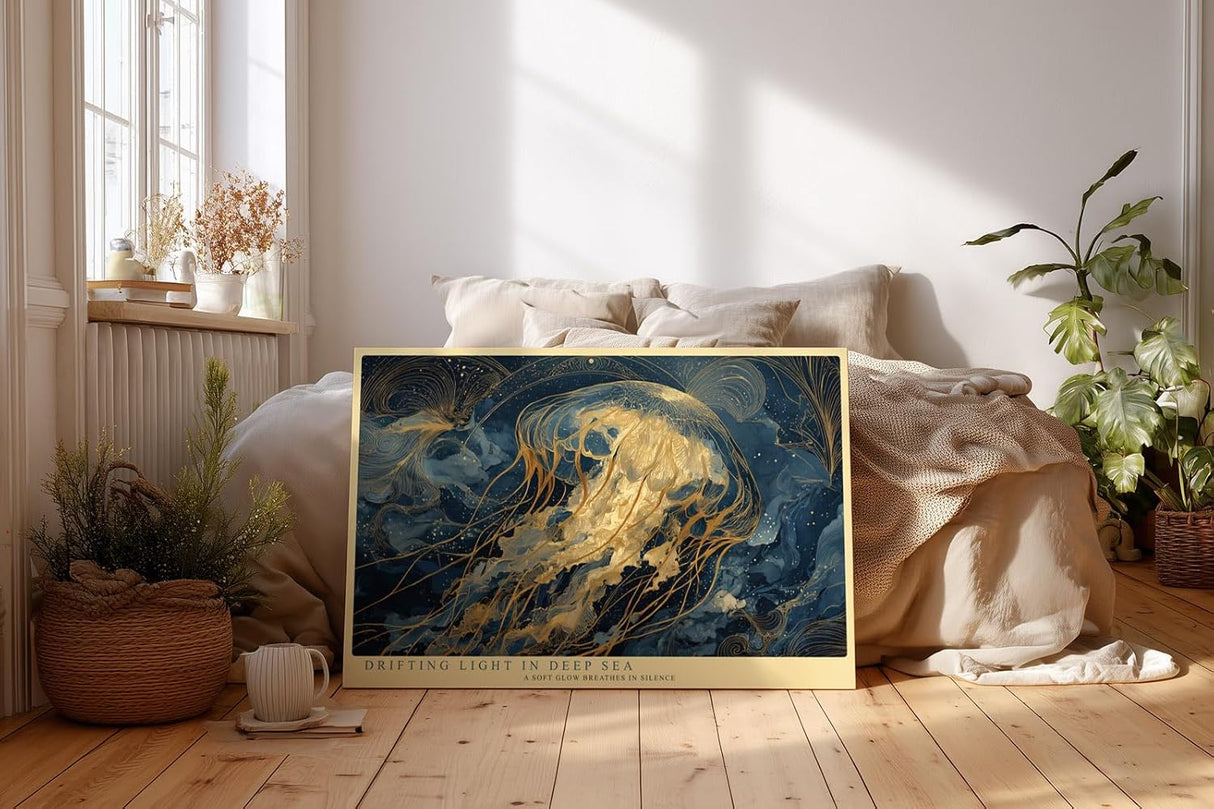 Paul Sinus Wandbild 120x80cm Goldene Qualle im Ozean Moderne Meereskunst in Blau und Gold für Wohnzimmer Schlafzimmer Büro