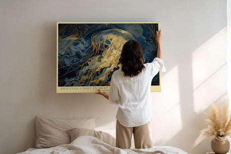 Paul Sinus Wandbild 120x80cm Goldene Qualle im Ozean Moderne Meereskunst in Blau und Gold für Wohnzimmer Schlafzimmer Büro