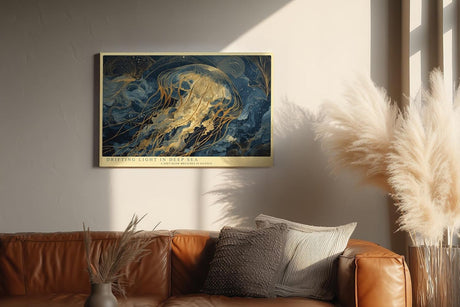 Paul Sinus Wandbild 120x80cm Goldene Qualle im Ozean Moderne Meereskunst in Blau und Gold für Wohnzimmer Schlafzimmer Büro