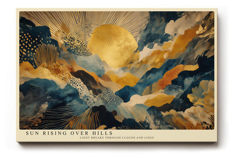 Paul Sinus Wandbild 120x80cm Goldene Sonne ueber Abstrakten Huegeln Moderne Landschaft Kunst in Blau Gold Wanddekoration