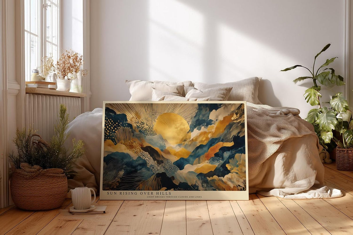 Paul Sinus Wandbild 120x80cm Goldene Sonne ueber Abstrakten Huegeln Moderne Landschaft Kunst in Blau Gold Wanddekoration