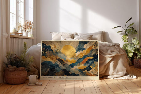 Paul Sinus Wandbild 120x80cm Goldene Sonne ueber Abstrakten Huegeln Moderne Landschaft Kunst in Blau Gold Wanddekoration
