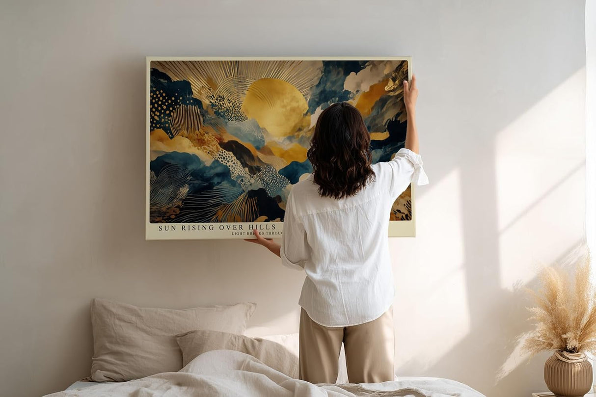 Paul Sinus Wandbild 120x80cm Goldene Sonne ueber Abstrakten Huegeln Moderne Landschaft Kunst in Blau Gold Wanddekoration