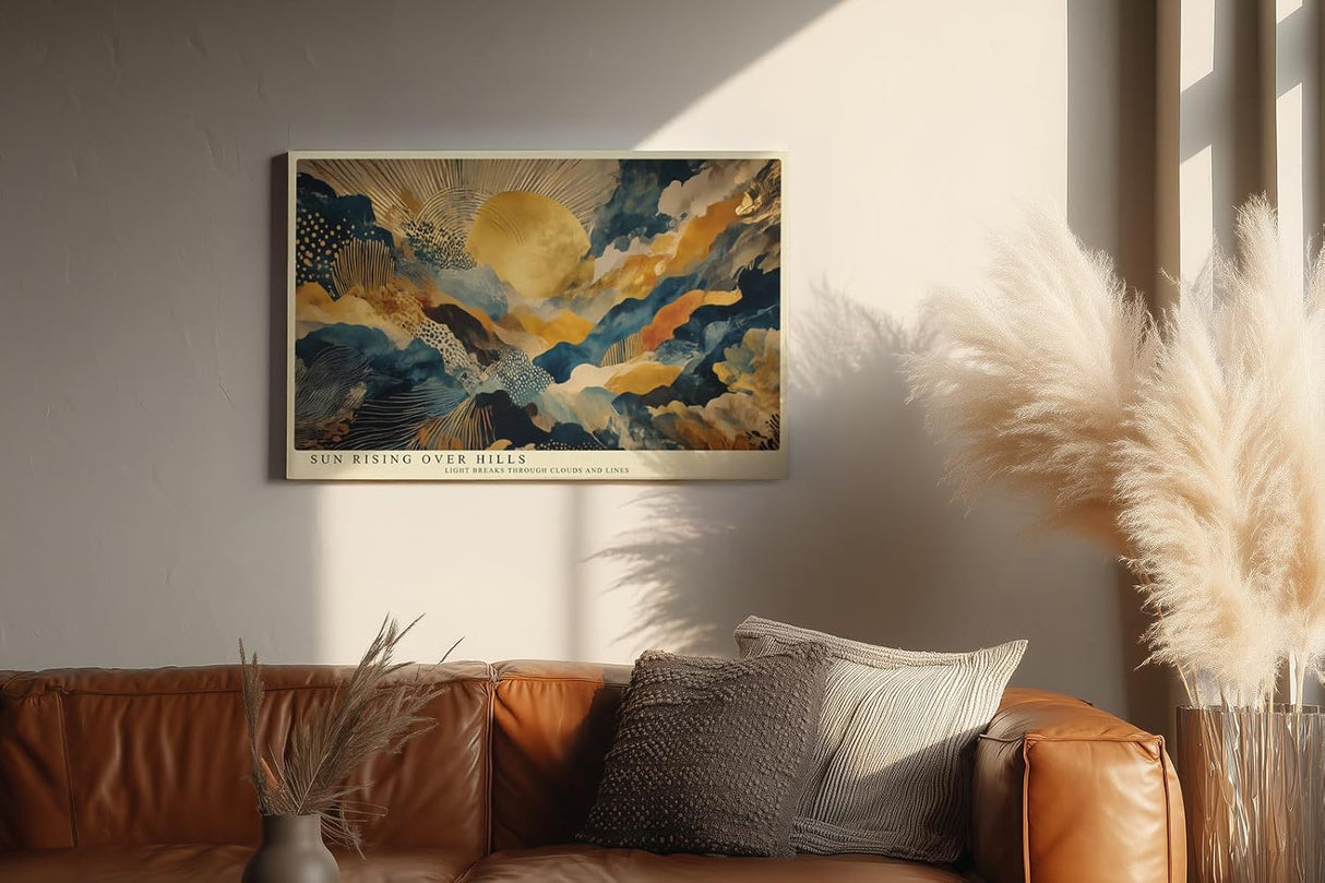Paul Sinus Wandbild 120x80cm Goldene Sonne ueber Abstrakten Huegeln Moderne Landschaft Kunst in Blau Gold Wanddekoration