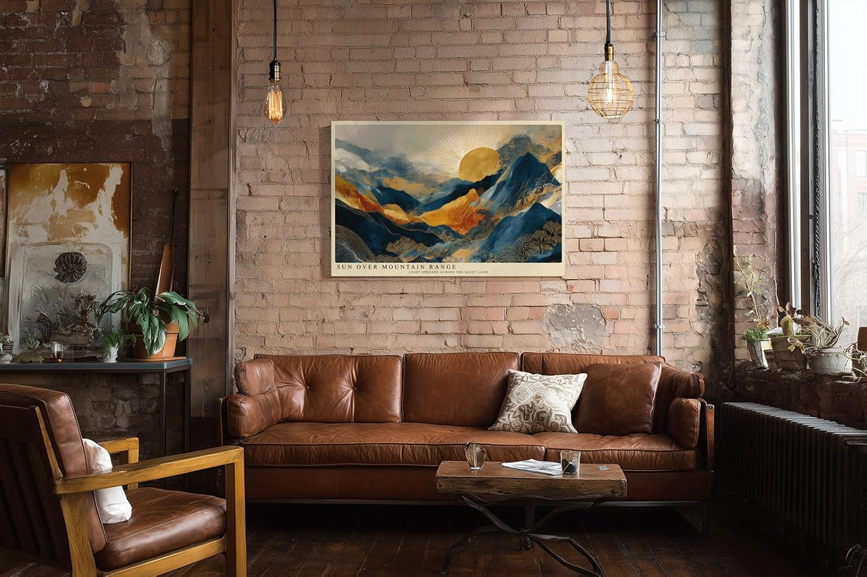 Paul Sinus Wandbild 120x80cm Goldene Sonne ueber Bergen Abstrakte Landschaft in Blau Gold Moderne Wanddekoration