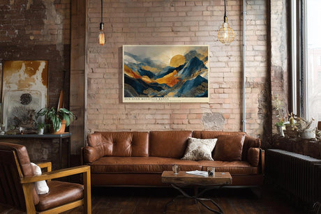 Paul Sinus Wandbild 120x80cm Goldene Sonne ueber Bergen Abstrakte Landschaft in Blau Gold Moderne Wanddekoration