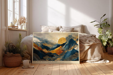 Paul Sinus Wandbild 120x80cm Goldene Sonne ueber Bergen Abstrakte Landschaft in Blau Gold Moderne Wanddekoration