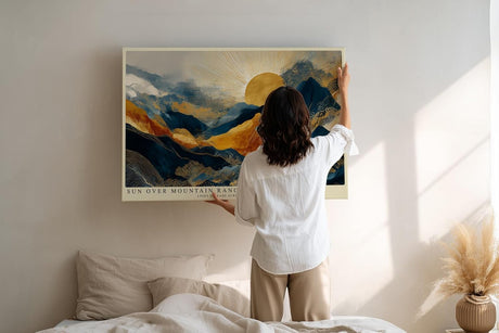 Paul Sinus Wandbild 120x80cm Goldene Sonne ueber Bergen Abstrakte Landschaft in Blau Gold Moderne Wanddekoration