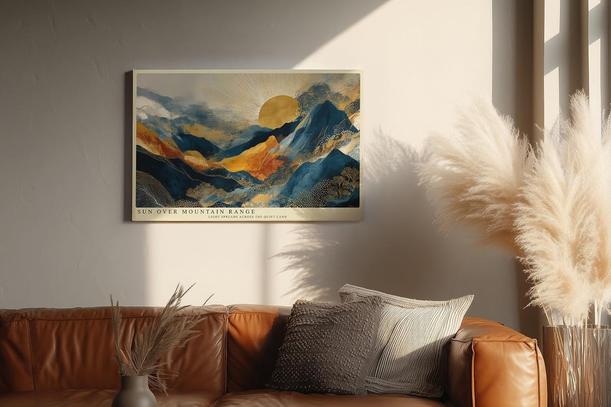 Paul Sinus Wandbild 120x80cm Goldene Sonne ueber Bergen Abstrakte Landschaft in Blau Gold Moderne Wanddekoration