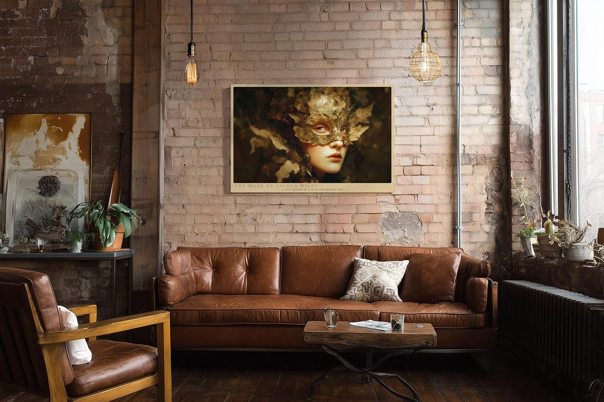 Paul Sinus Wandbild 120x80cm Goldene Waldmaske Fantasie Portraet mit Blaettern kunstvolles Naturmotiv