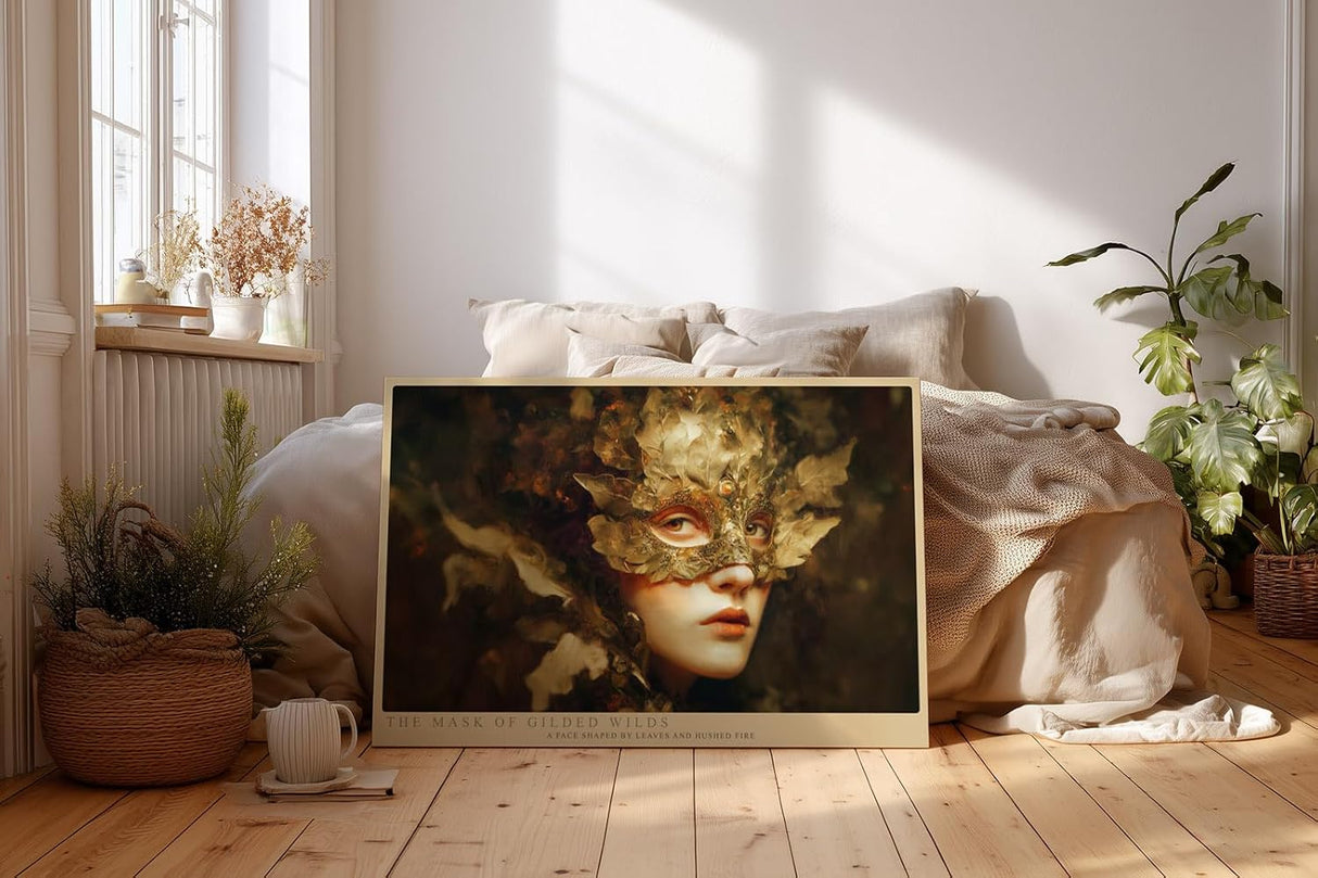 Paul Sinus Wandbild 120x80cm Goldene Waldmaske Fantasie Portraet mit Blaettern kunstvolles Naturmotiv
