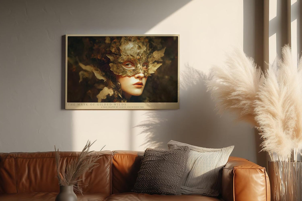 Paul Sinus Wandbild 120x80cm Goldene Waldmaske Fantasie Portraet mit Blaettern kunstvolles Naturmotiv