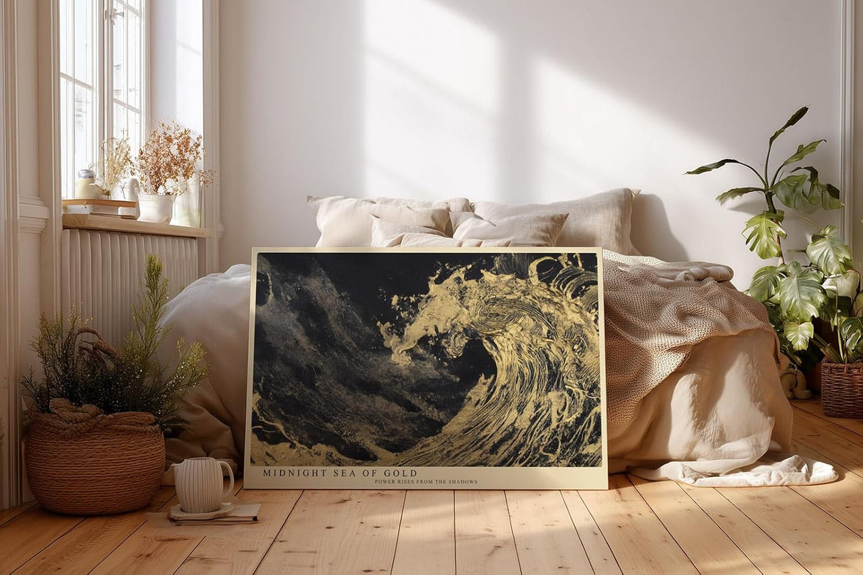 Paul Sinus Wandbild 120x80cm Goldene Welle bei Nacht – Dramatische Ozeankunst mit dunklem Hintergrund und Goldstruktur