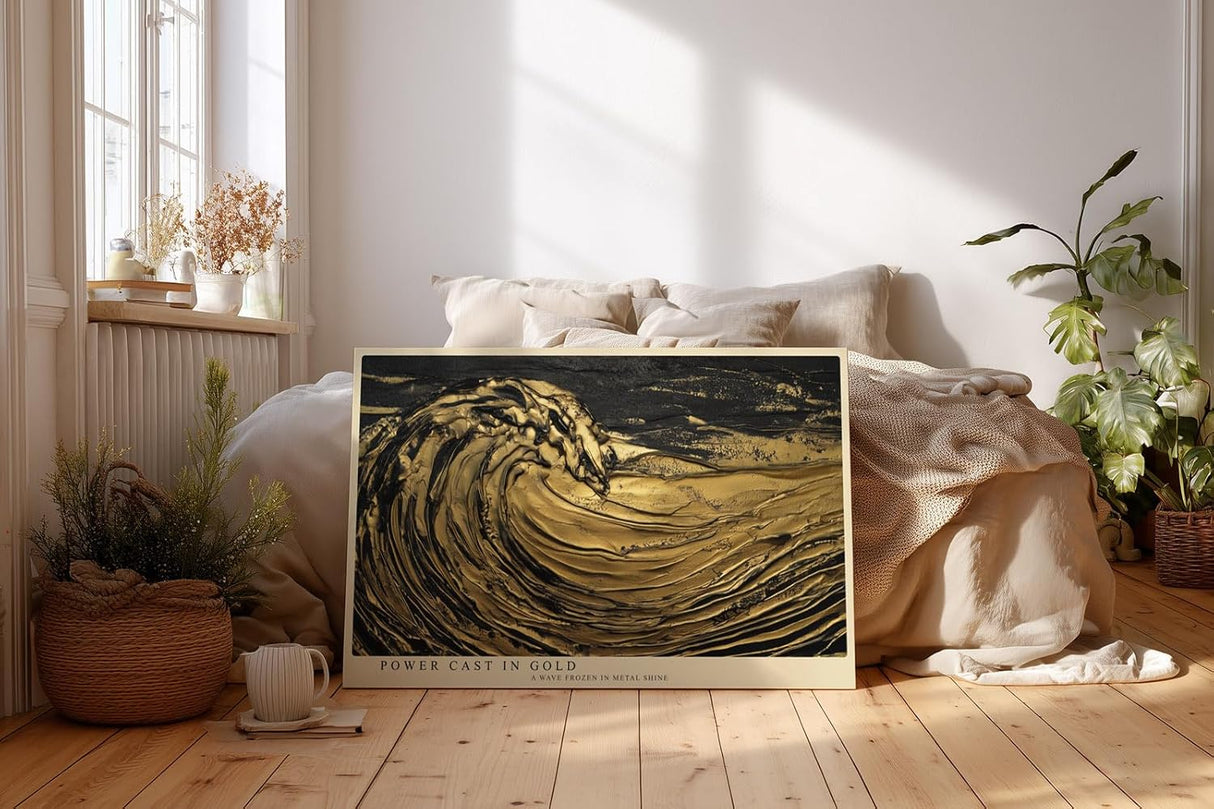 Paul Sinus Wandbild 120x80cm Goldene Welle in Bewegung – Abstrakte Meereskunst mit luxuriösem Gold Effekt für moderne Räume