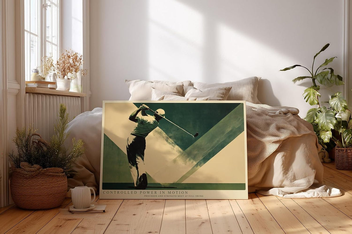 Paul Sinus Wandbild 120x80cm Golf Abschlag Dynamische Sport Illustration in Gruen Beige Moderne Wandkunst fuer Wohnzimmer Büro und Sportbereich