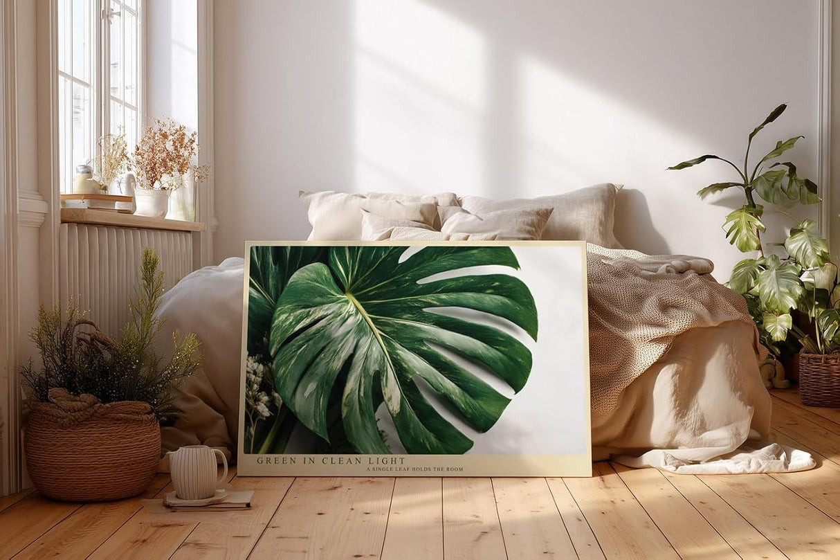 Paul Sinus Wandbild 120x80cm Green in Clean Light tropisches Monstera Blatt minimalistische Pflanzen Fotokunst modernes Natur Poster für Wohnzimmer Büro