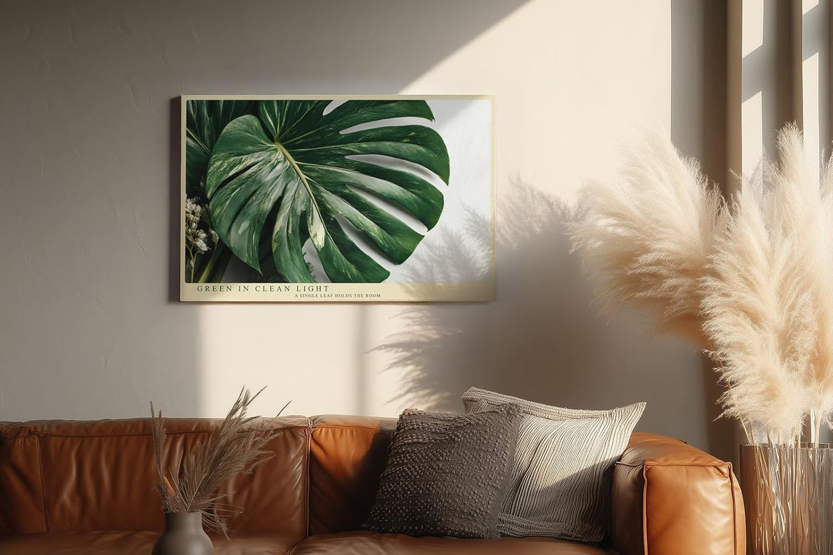 Paul Sinus Wandbild 120x80cm Green in Clean Light tropisches Monstera Blatt minimalistische Pflanzen Fotokunst modernes Natur Poster für Wohnzimmer Büro