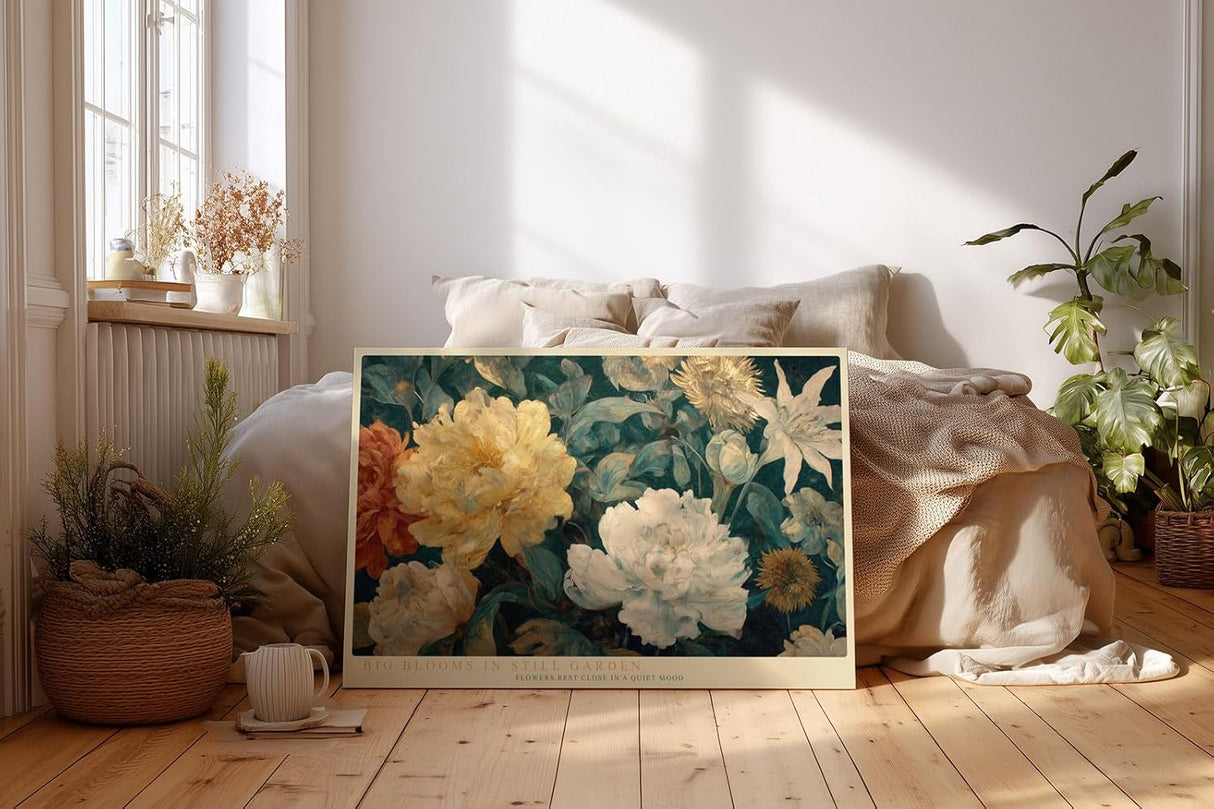 Paul Sinus Wandbild 120x80cm Grosse Blueten im Stillen Garten Botanische Blumen Kunst in Creme Gruen Wanddekoration