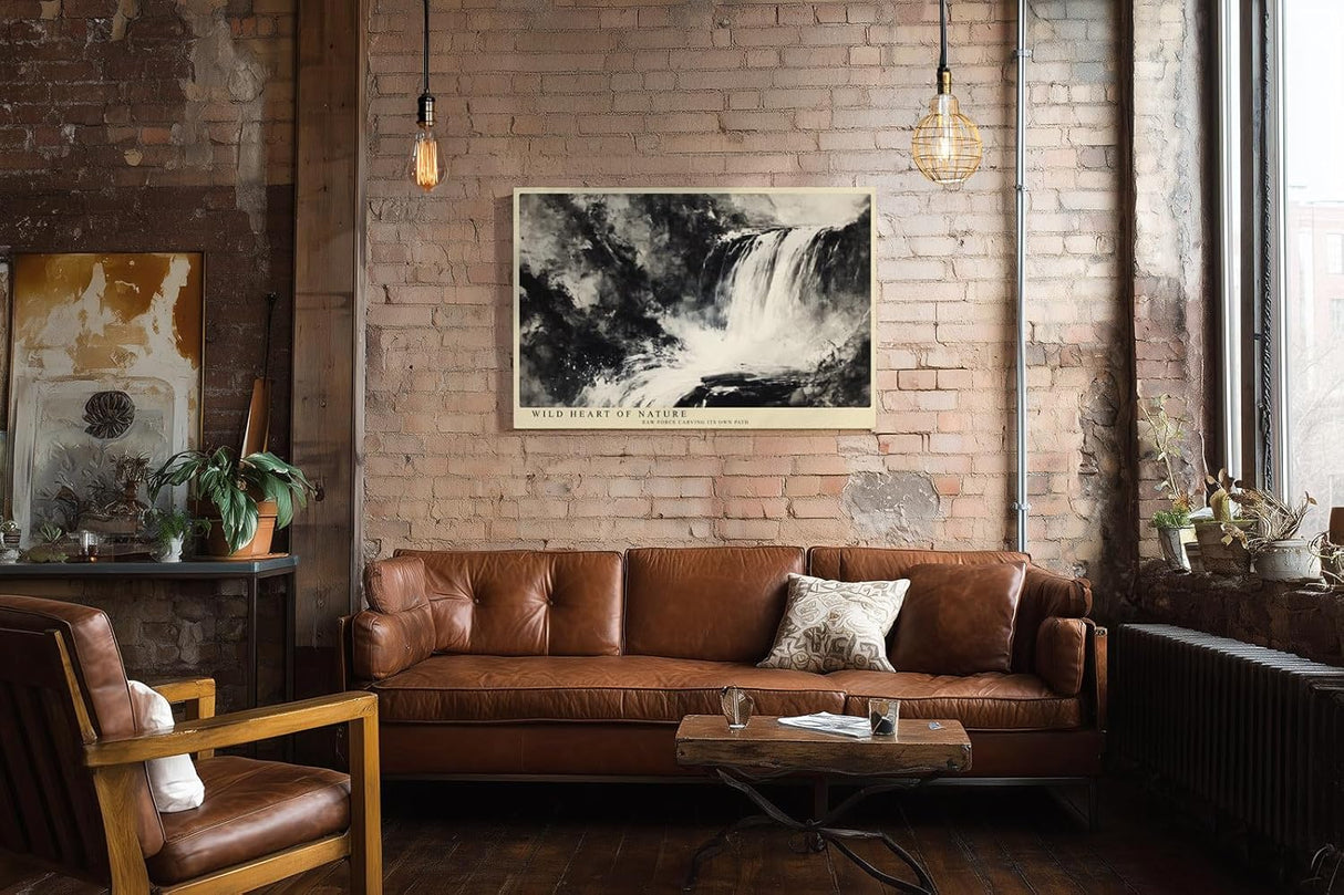 Paul Sinus Wandbild 120x80cm grosser Wasserfall abstrakte Naturmalerei schwarz weiss dramatische Landschaftskunst modernes Kunstbild Wanddekoration fuer Wohnzimmer Büro