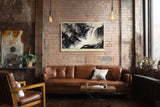 Paul Sinus Wandbild 120x80cm grosser Wasserfall abstrakte Naturmalerei schwarz weiss dramatische Landschaftskunst modernes Kunstbild Wanddekoration fuer Wohnzimmer Büro