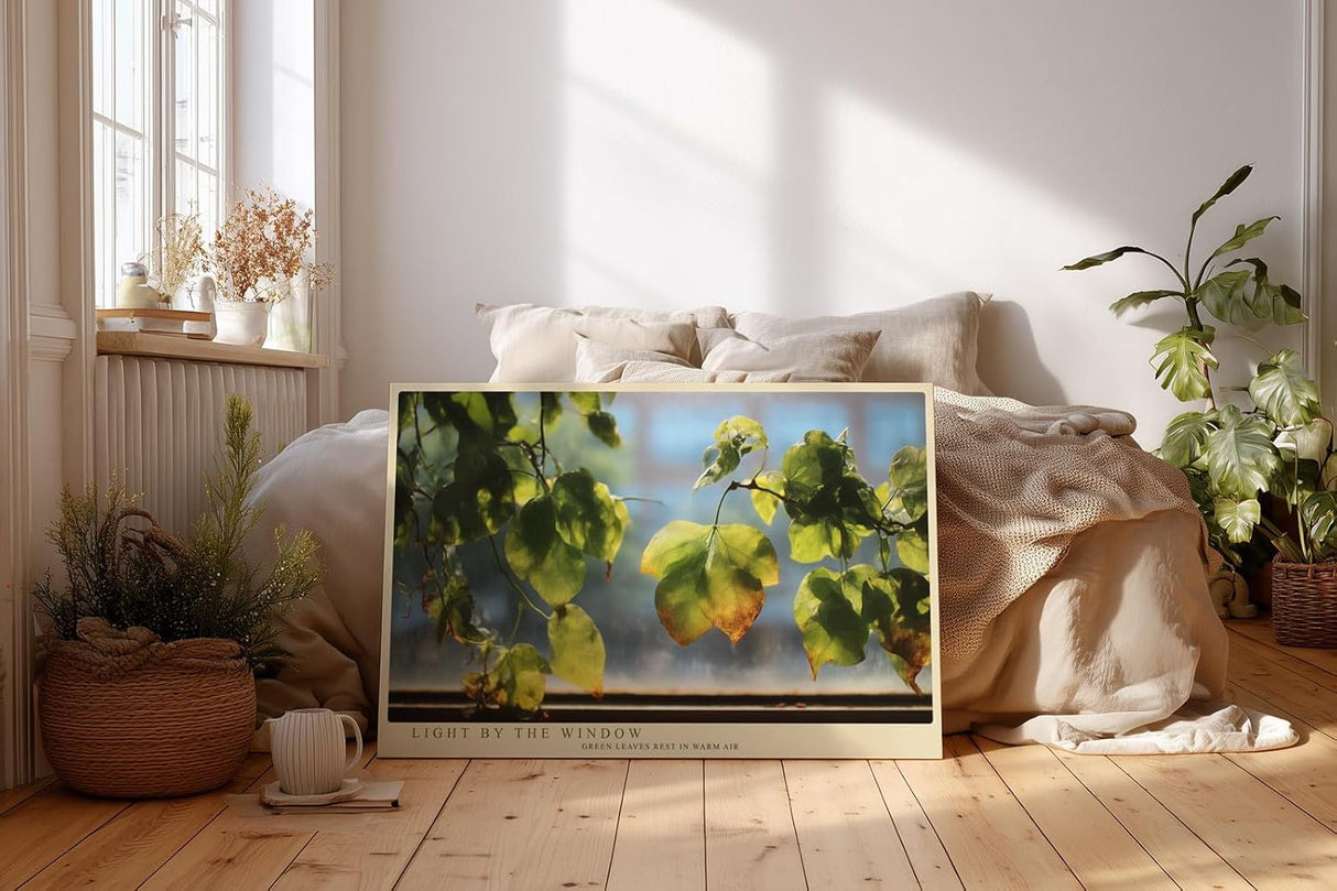 Paul Sinus Wandbild 120x80cm gruene Blaetter Fensterlicht Naturfotografie modern Kunstdruck grosses Natur Kunstbild ruhige Wanddekoration fuer Wohnzimmer Büro
