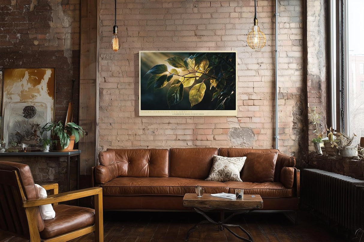 Paul Sinus Wandbild 120x80cm gruene Blaetter im Sonnenlicht botanische Natur Fotokunst warmes Licht Pflanzenmotiv moderne Wanddekoration fuer Wohnzimmer Büro