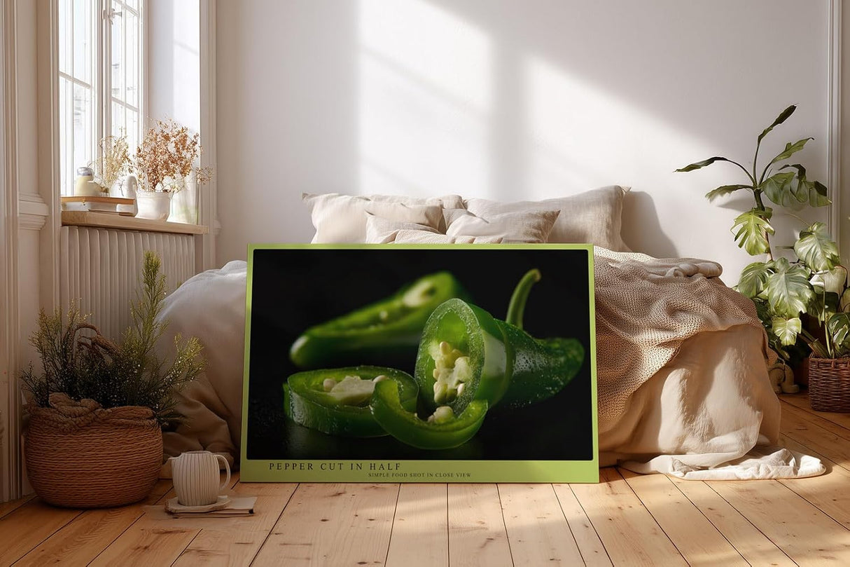 Paul Sinus Wandbild 120x80cm gruene Chili Paprika Food Fotografie moderne Kuechenkunst Nahaufnahme Kunstdruck stilvolle Wanddekoration fuer Kueche Esszimmer Restaurant
