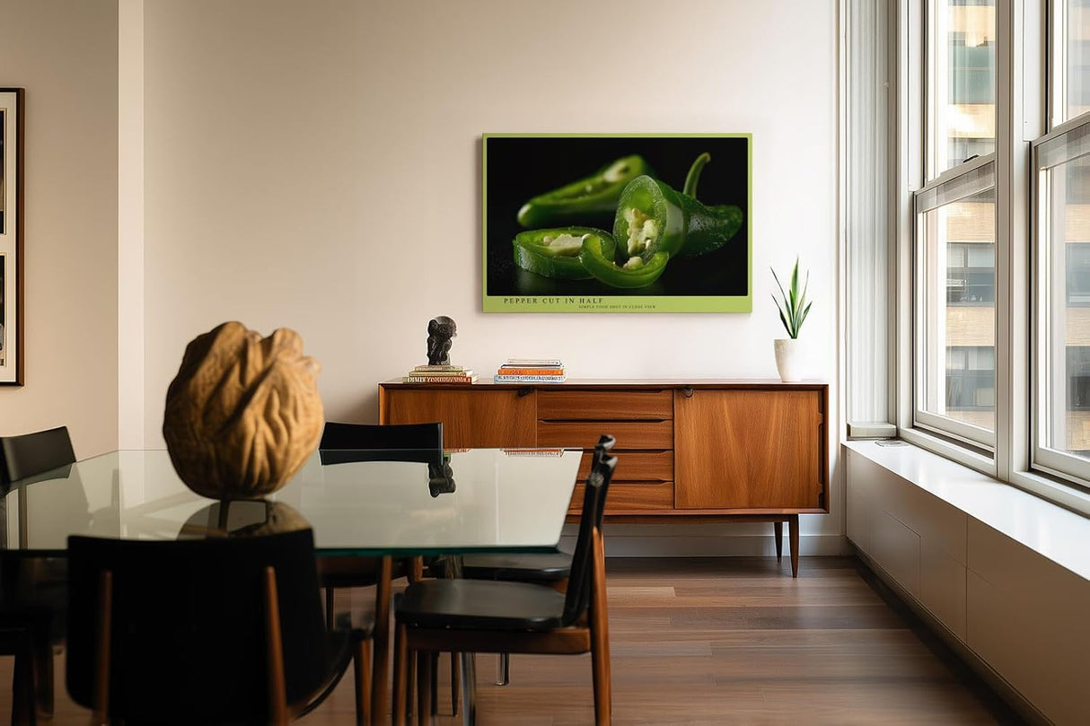 Paul Sinus Wandbild 120x80cm gruene Chili Paprika Food Fotografie moderne Kuechenkunst Nahaufnahme Kunstdruck stilvolle Wanddekoration fuer Kueche Esszimmer Restaurant